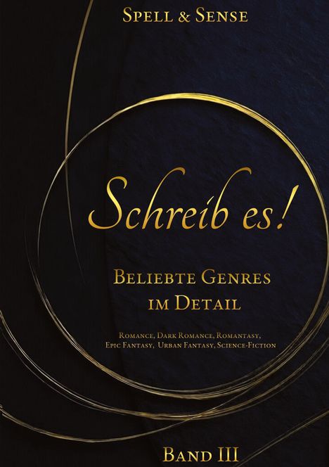 "Schreib es! Beliebte Genres im Detail. Band III." Dunkelblauer Hintergrund mit goldenen Linien.