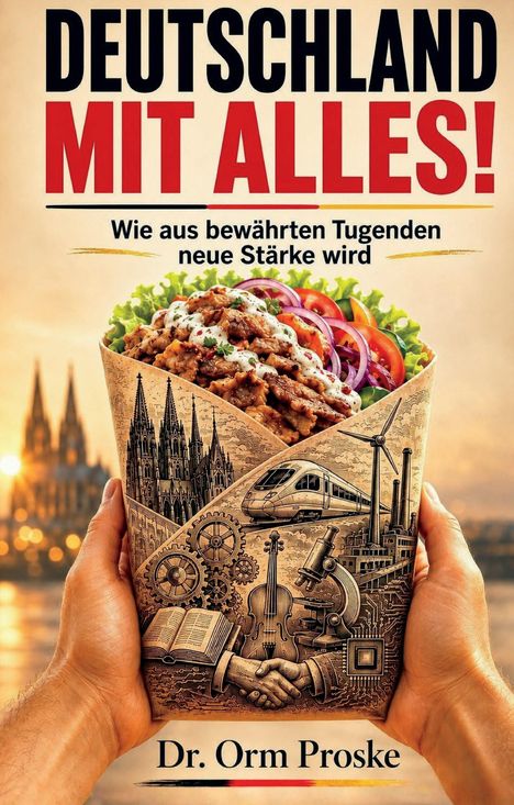 "Deutschland mit alles! Wie aus bewährten Tugenden neue Stärke wird." Hände halten Döner mit deutscher Symbolik.