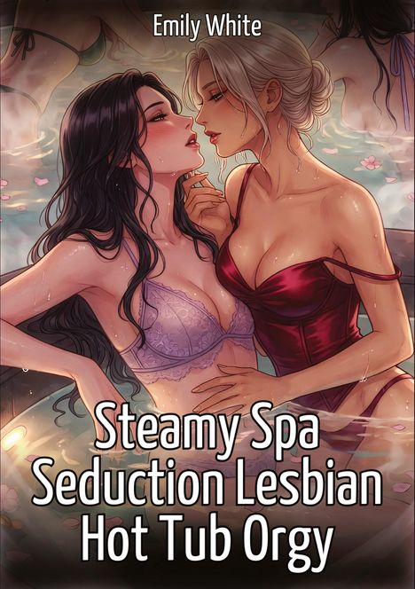 Text: "Emily White, Steamy Spa Seduction Lesbian Hot Tub Orgy." Illustration von zwei Frauen in einem Whirlpool, intime Szene.