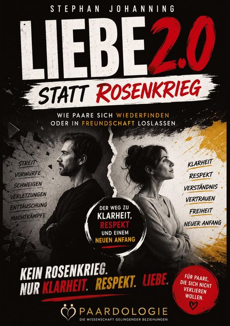 Titel: "LIEBE 2.0 STATT ROSENKRIEG" von Stephan Johanning. Ein Paar steht Rücken an Rücken, getrennt durch einen Riss. Oben: Streit, Vorwürfe. Unten: Klarheit, Respekt. Logo unten.