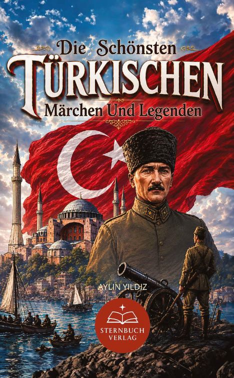 Titel: "Die schönsten türkischen Märchen und Legenden". Ein Soldat vor einer historischen Stadt und türkischer Flagge.