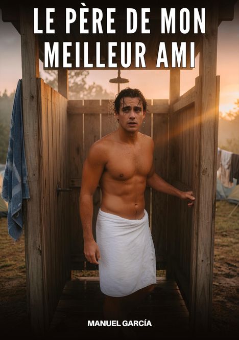 "LE PÈRE DE MON MEILLEUR AMI, MANUEL GARCÍA." Ein Mann in einem Holzgebäude mit Handtuch und nassen Haaren.