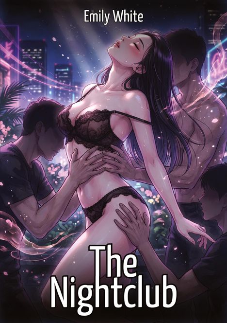 "Emily White. The Nightclub." Eine Frau in Unterwäsche, umgeben von drei Männern in einem fantasievollen, neonbeleuchteten Stil.