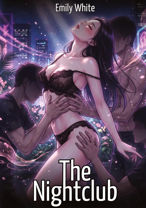 "Emily White, The Nightclub." Eine Illustration zeigt eine Frau in Unterwäsche, umgeben von drei Männern in nächtlicher Umgebung.