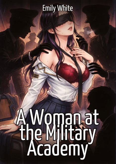"Emily White", "A Woman at the Military Academy". Eine Illustration: Frau mit verbundenen Augen, umgeben von Silhouetten.
