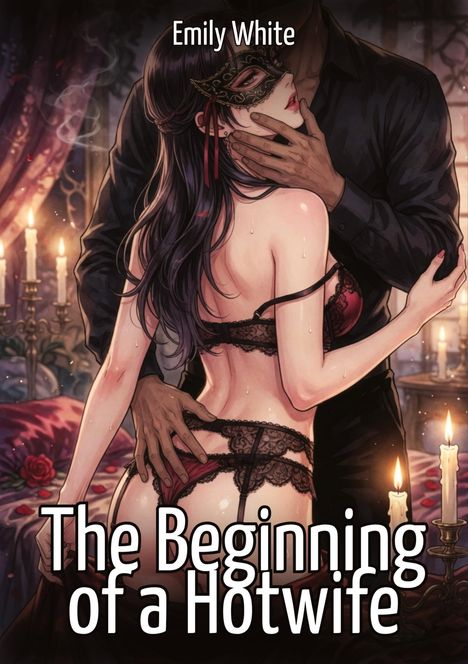 "Emily White, The Beginning of a Hotwife." Eine erotische Szene mit einem maskierten Paar in Dessous, umgeben von Kerzen.
