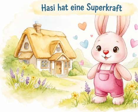 „Hasi hat eine Superkraft“ steht oben. Illustration mit einem Hasen in rosa Latzhose vor einem Häuschen und bunten Herzen.