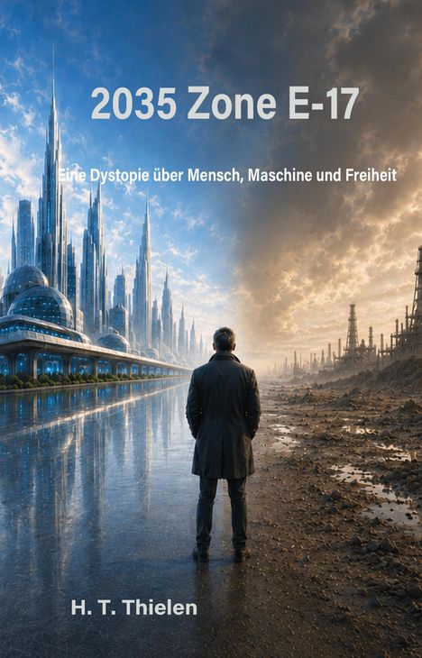 Text: "2035 Zone E-17", "Eine Dystopie über Mensch, Maschine und Freiheit", "H. T. Thielen". Eine Figur zwischen futuristischer Stadt und öder Landschaft.