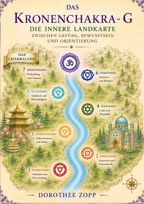 "Das Kronenchakra-G, Die innere Landkarte zwischen Gefühl, Bewusstsein und Orientierung. Illustration einer Chakra-Landschaft."