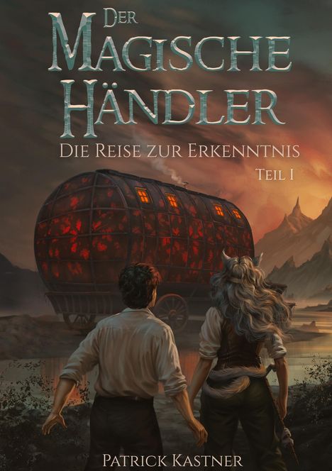 „Der Magische Händler: Die Reise zur Erkenntnis, Teil I.“ Zwei Personen schauen auf einen großen, leuchtenden Wagen.