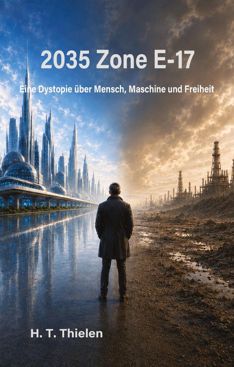 „2035 Zone E-17. Eine Dystopie über Mensch, Maschine und Freiheit.” Mann steht zwischen futuristischer und öder Stadt.