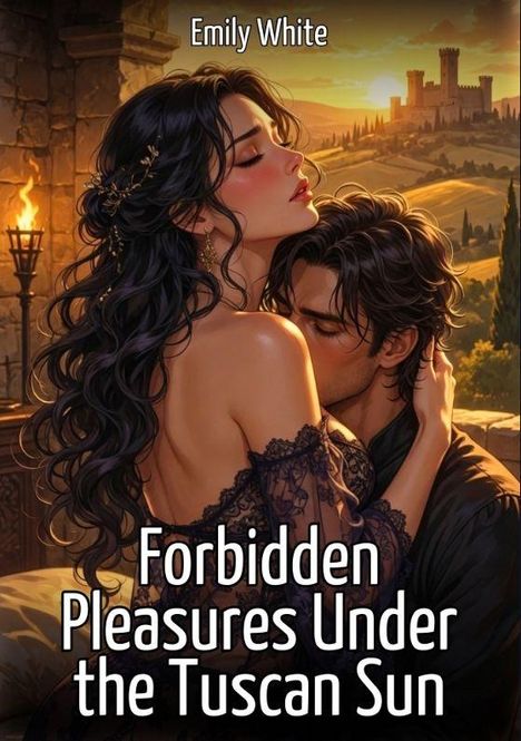 Titel: "Forbidden Pleasures Under the Tuscan Sun". Illustration zweier Menschen in inniger Umarmung bei Sonnenuntergang.