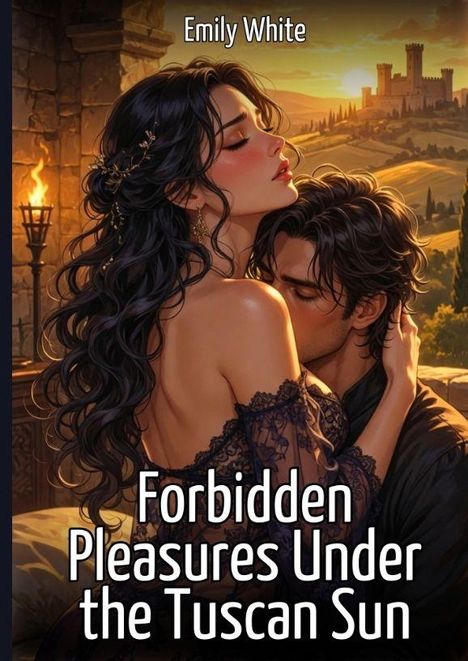 "Forbidden Pleasures Under the Tuscan Sun; Emily White"; Illustration eines Paares in romantischer Umarmung bei Sonnenuntergang.