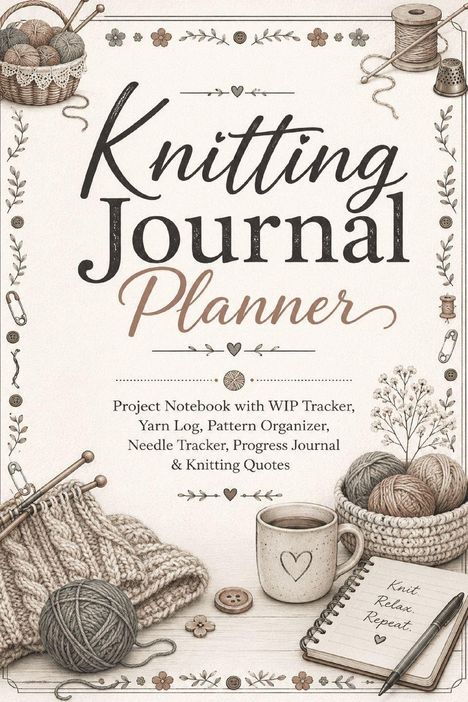 "Knitting Journal Planner" und weitere Typenbezeichnungen, umgeben von Strickzubehör, Tasse und Notizbuch mit dem Text: "Knit. Relax. Repeat."