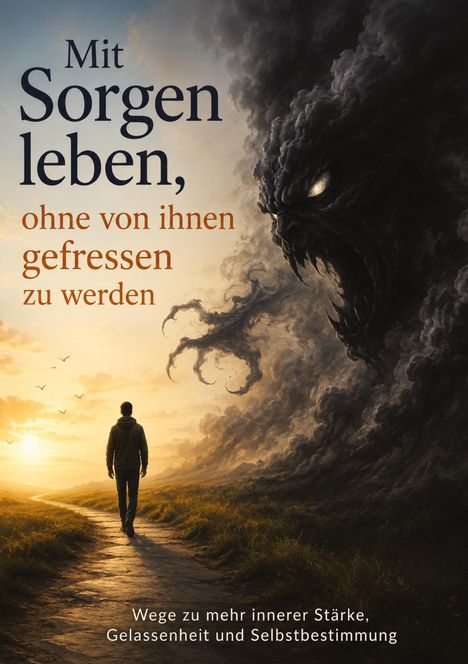 "Mit Sorgen leben, ohne von ihnen gefressen zu werden." Ein Mann geht einem Sonnenuntergang und einer Wolkenkreatur entgegen.