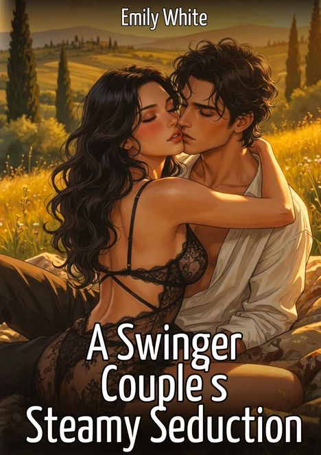 "A Swinger Couple's Steamy Seduction" von Emily White. Illustration eines Paares in inniger Umarmung, im Freien.