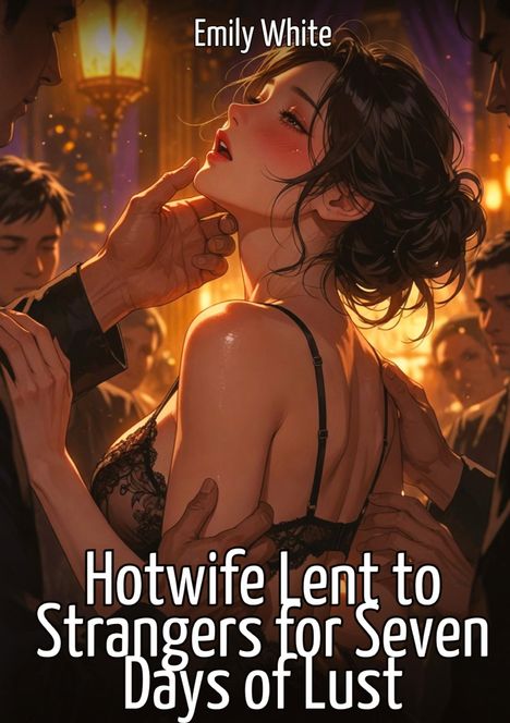 Oben steht "Emily White", unten "Hotwife Lent to Strangers for Seven Days of Lust". Illustration: Frau in verführerischer Pose umgeben von Männern.