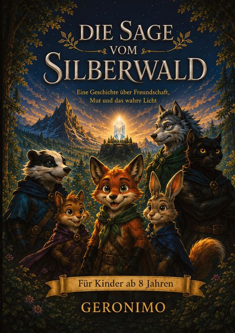 Text: "Die Sage vom Silberwald. Eine Geschichte über Freundschaft, Mut und das wahre Licht. Für Kinder ab 8 Jahren." 

Illustration: Fünf Tiere in Abenteurerkleidung vor Bergen bei Sonnenuntergang.