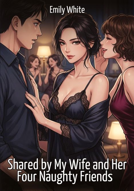 "Emily White", "Shared by My Wife and Her Four Naughty Friends", Illustrationsszene mit fünf elegant gekleideten Personen.