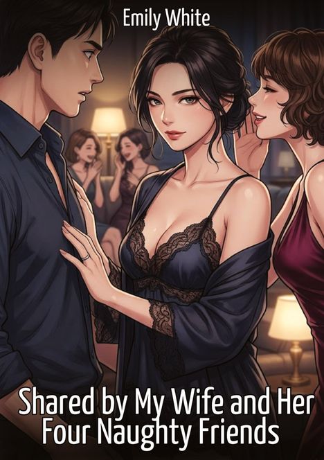 Text: "Emily White" oben, "Shared by My Wife and Her Four Naughty Friends" unten. Illustration von elegant gekleideten Personen in einem Raum.