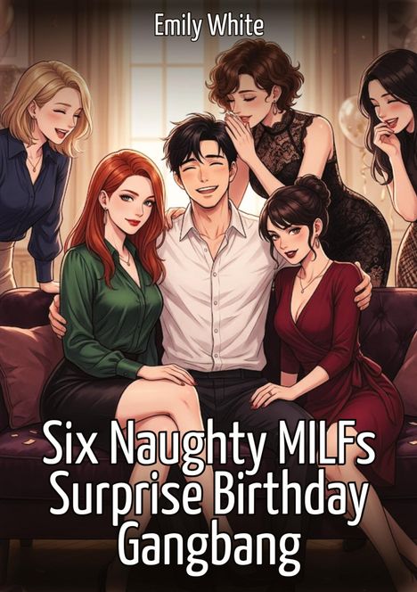 Der Text lautet: "Emily White. Six Naughty MILFs Surprise Birthday Gangbang". Illustration von sechs Frauen und einem Mann auf einem Sofa.