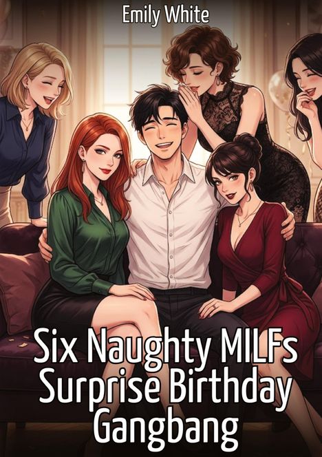 „Emily White. Six Naughty MILFs Surprise Birthday Gangbang.“ Illustration: Lachender Mann auf dem Sofa mit fünf Frauen.