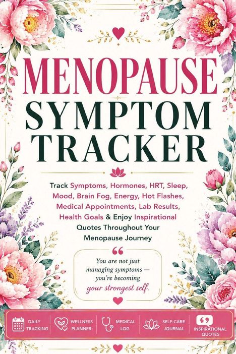 "Menopause Symptom Tracker." Blumenmuster mit großen, rosa Blüten und grünen Blättern, zart arrangiert.