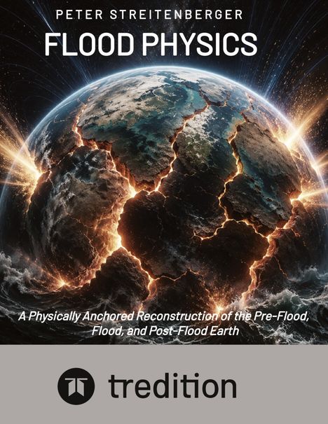 „FLOOD PHYSICS“, untertitel: „A Physically Anchored Reconstruction...“; brennende Erdoberfläche; „tredition“ Logo.
