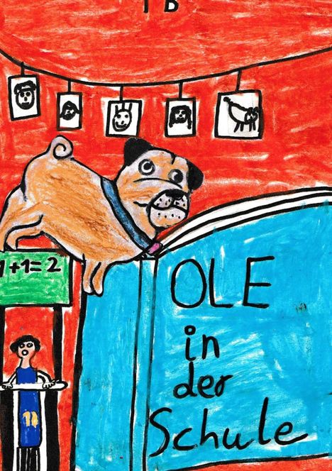 "OLE in der Schule". Ein Hund springt über ein Buch. Im Hintergrund Bilder von Gesichtern und ein mathematisches Zeichen.