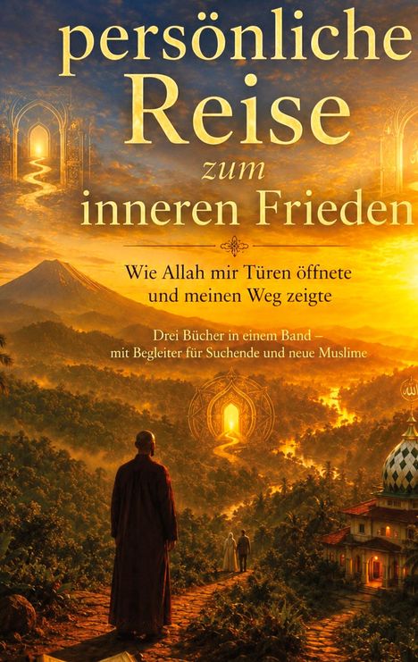Text: „persönliche Reise zum inneren Frieden. Wie Allah mir Türen öffnete und meinen Weg zeigte. Drei Bücher in einem Band – mit Begleiter für Suchende und neue Muslime.“ Illustration zeigt eine Landschaft mit Bergen, einem Weg und einem Mann, der auf ein Tor zugeht.