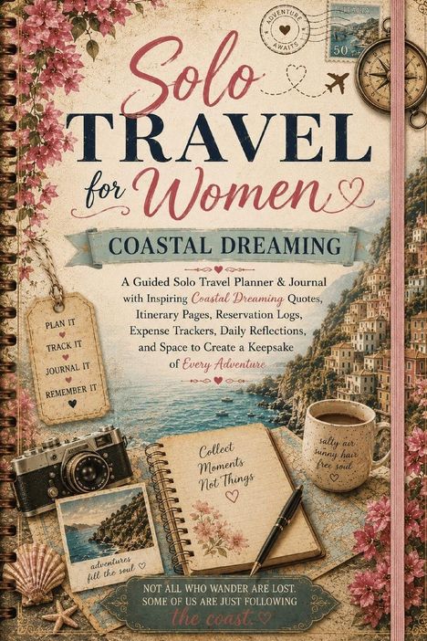 "Solo Travel for Women: Coastal Dreaming – Collect Moments Not Things" in floraler Vintage-Illustration mit Küstenansicht.