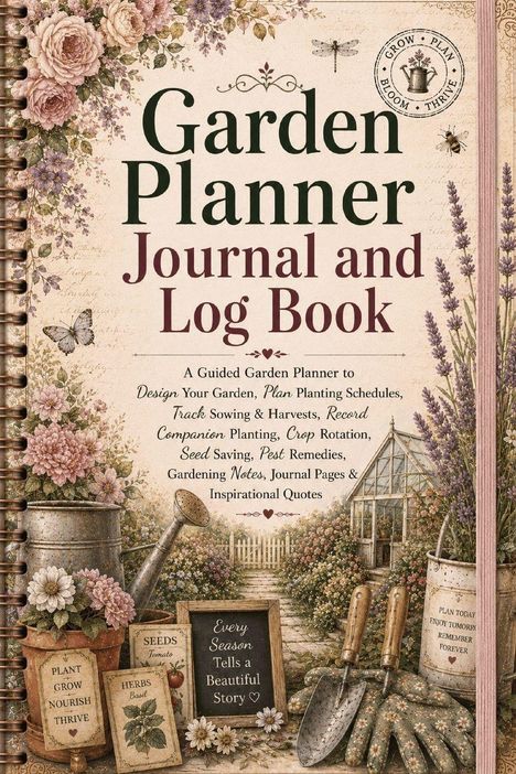 "Garden Planner Journal and Log Book." Blumen, Gießkanne, Spaten, Handschuhe, ein kleines Gewächshaus im Hintergrund.