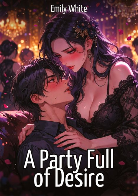 Text: "Emily White", "A Party Full of Desire". Eine stilvolle Illustration eines Paares in eleganter Abendkleidung.