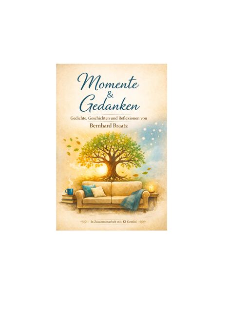 "Momente & Gedanken" von Bernhard Braatz. Illustration: Baum wächst über Sofa, mit Tasse und Büchern.
