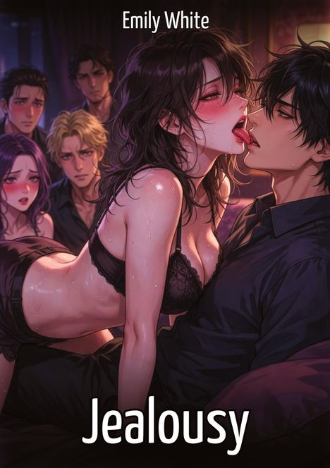 Text: "Emily White", "Jealousy". Eine Illustration zeigt eine Frau in Dessous, die einem Mann nahe ist. Andere Personen schauen zu.