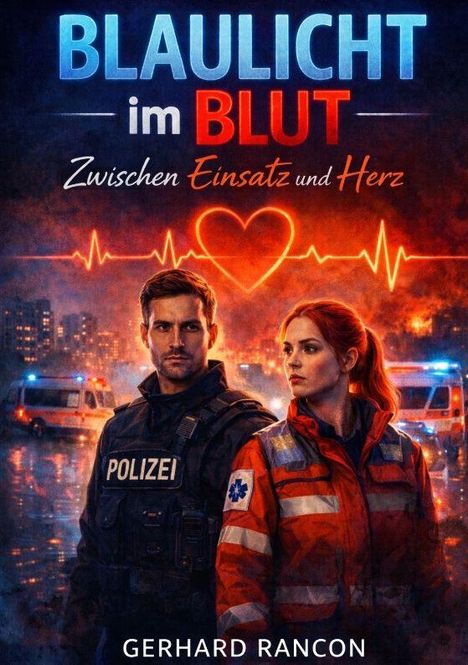 "Blaulicht im Blut: Zwischen Einsatz und Herz" steht über einem Polizisten und einer Sanitäterin mit einer pulsierenden Herzlinie.