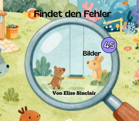 Text: "Findet den Fehler", "Bilder", "45", "Von Elise Sinclair". Illustration eines Gartens mit Lupe, Tieren und Pflanzen.