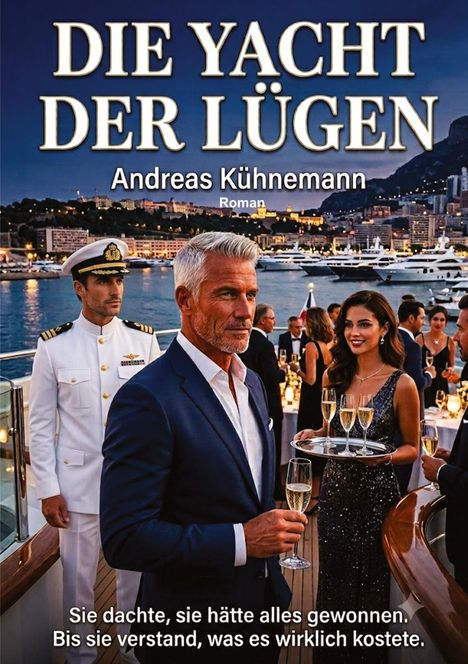 „DIE YACHT DER LÜGEN, Andreas Kühnemann. Sie dachte, sie hätte alles gewonnen. Bis sie verstand, was es wirklich kostete.“<br>
Ein elegantes Abendessen an Deck.