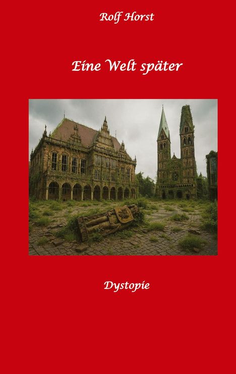 "Rolf Horst, Eine Welt später, Dystopie" vor rotem Hintergrund. Unten eine verwilderte, verlassene Gebäudekulisse.