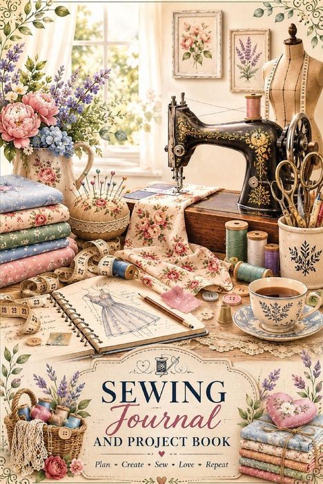 "Sewing Journal and Project Book" steht im Mittelpunkt, umgeben von Nähzubehör, Stoffen, einer Nähmaschine und Blumen.