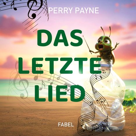 Texte: "Perry Payne", "Das Letzte Lied", "Fabel". Eine Grille steht auf einer Flasche am Strand, umgeben von Noten.