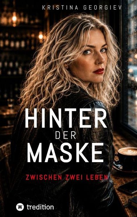 Titel: "HINTER DER MASKE". Untertitel: "ZWISCHEN ZWEI LEBEN". Frau mit blonden Locken in Café, Lederjacke, ernster Blick.