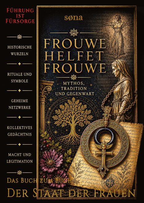 „Frouw Helfet Frouwe: Mythos, Tradition und Gegenwart“. Goldener Baum, Statue und antike Elemente.