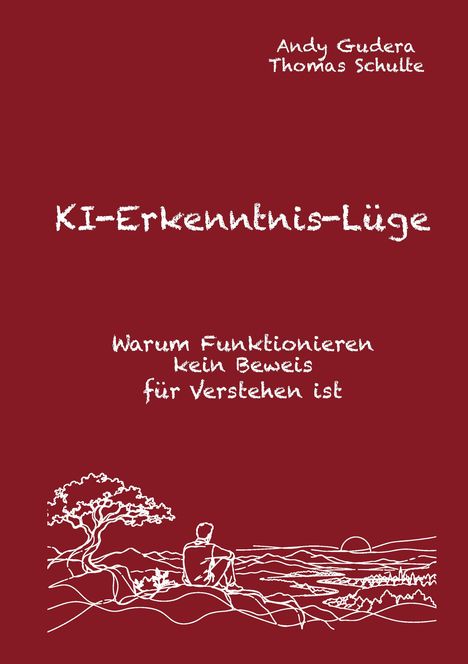 "KI-Erkenntnis-Lüge. Warum Funktionieren kein Beweis für Verstehen ist." Illustration: Person am Meer bei Sonnenuntergang.