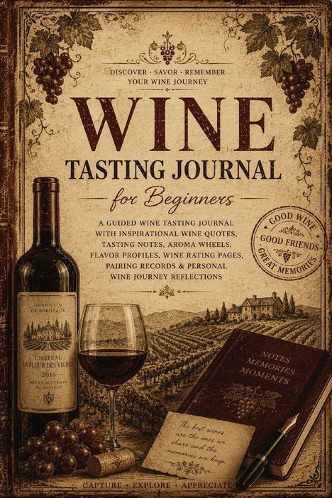 "Wine Tasting Journal for Beginners." Weinflasche, Glas, Notizbuch, Trauben-Illustration. Texte: Notizen, Erinnerungen, Momente.