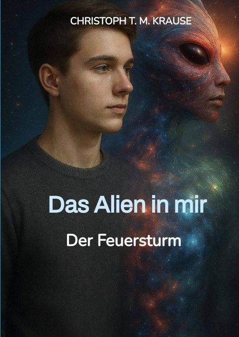Oben: CHRISTOPH T. M. KRAUSE. Mittig: Das Alien in mir. Unten: Der Feuersturm. Ein Mensch und ein Alien nebeneinander.