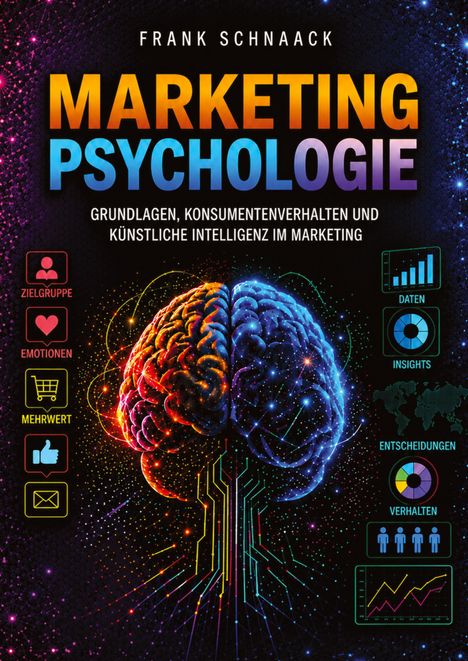 "Frank Schnaack Marketing Psychologie" in bunten Buchstaben, Gehirn in Regenbogenfarben mit Icons für Zielgruppe, Daten, Emotionen.