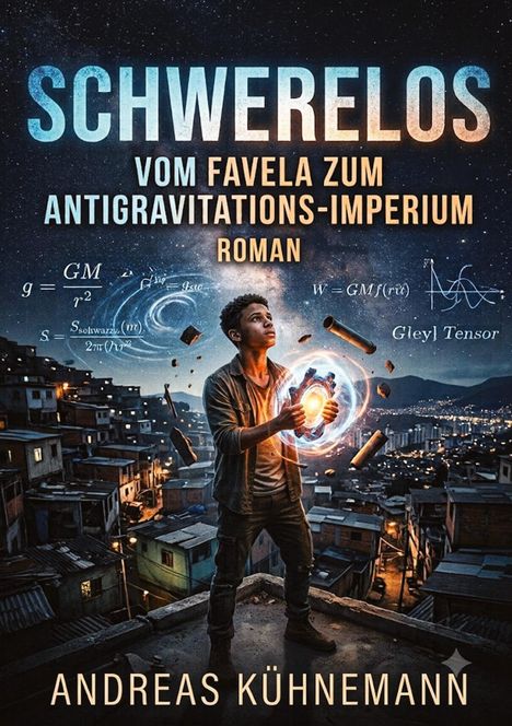 „SCHWERELOS: VOM FAVELA ZUM ANTIGRAVITATIONS-IMPERIUM“. Ein junger Mann mit leuchtendem Gerät, umgeben von schwebenden Trümmern.