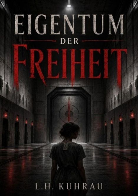 „EIGENTUM DER FREIHEIT“ über dunklem Flur mit großem Tor. Silhouette einer Person im Vordergrund, mystisch.