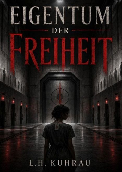 „Eigentum der Freiheit“ von L.H. Kuhrau. Eine Person steht in einem düsteren Korridor mit roten Lichtakzenten vor einer großen Tür.